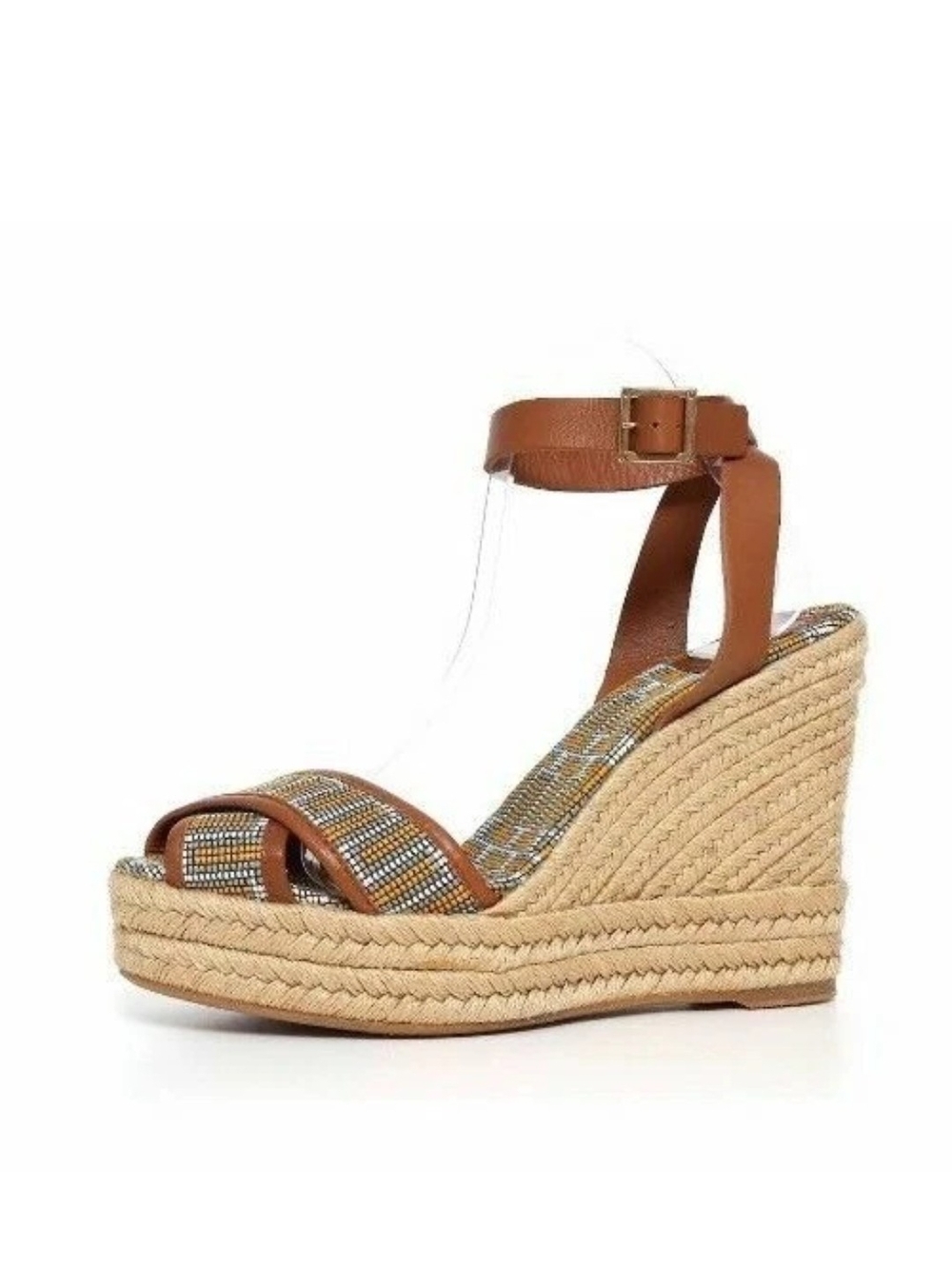 Tory Burch Brown and Pink Ankle-Strap Espadrille Wedge Braided Platform 2 Pair